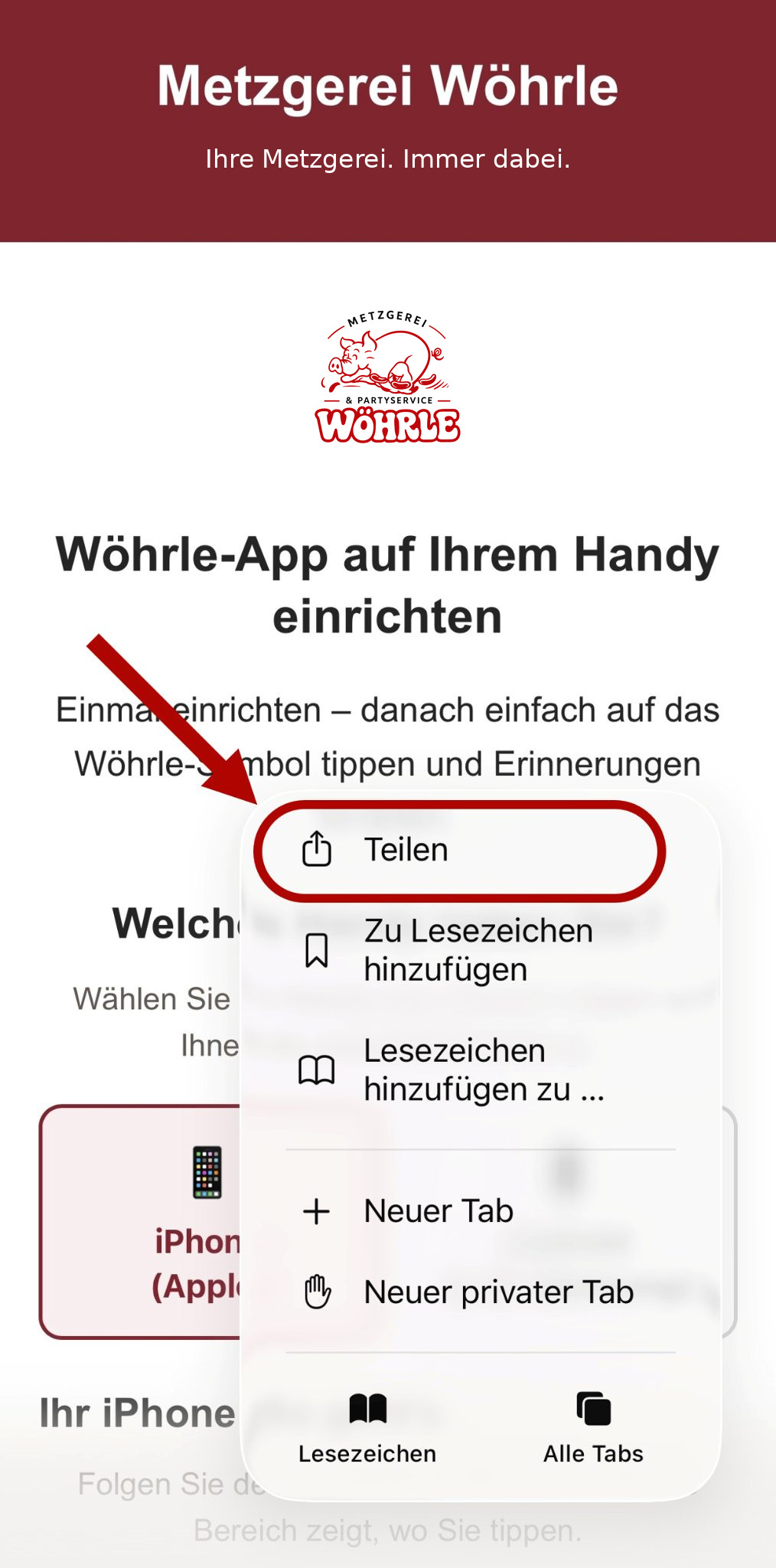 Originalaufnahme: Browsermenü mit Eintrag Teilen
