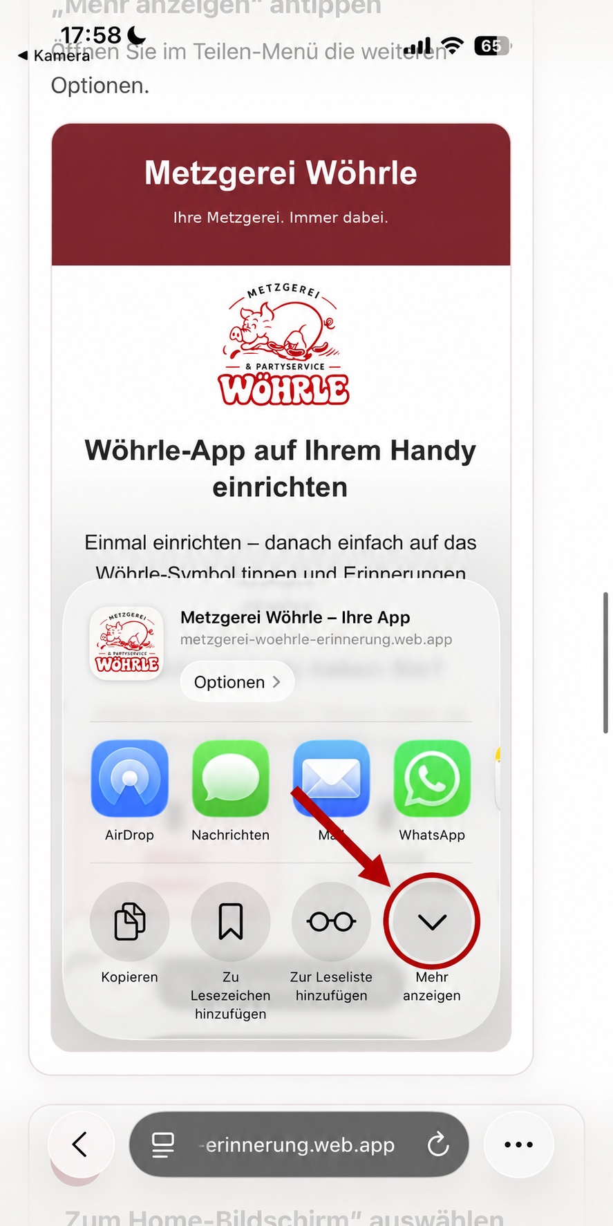 Originalaufnahme: Teilen-Menü mit Mehr anzeigen